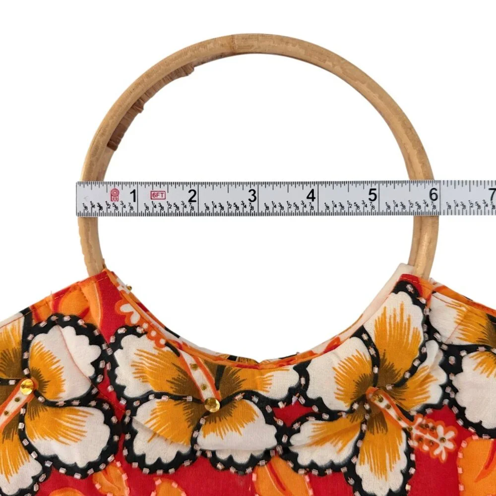 Kisses & Hugs Vintage Tropical Resort Floral Boho Beaded Bamboo Handle Purse Bag